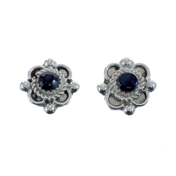 Native American Sterling Silver Onyx Flower Post Stud Earrings AX126016